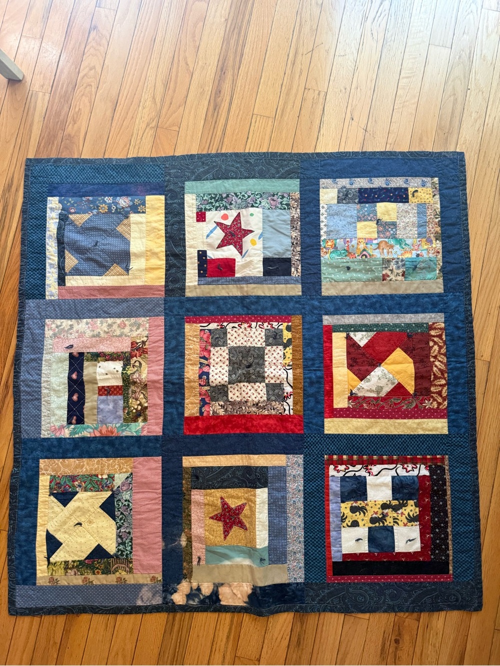 Handmade Patchwork Quilt Throw in Blue and Multicolor